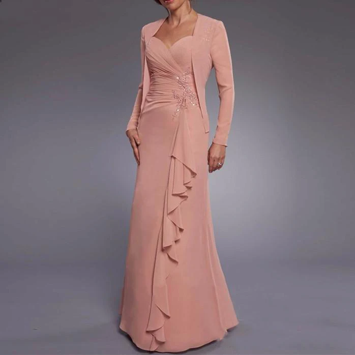 

2019 Orange Red Elegant Long Sleeves Chiffon With Applique Mother Of The Bride Dress Long With Jacket Vestidos Madre De La Novia