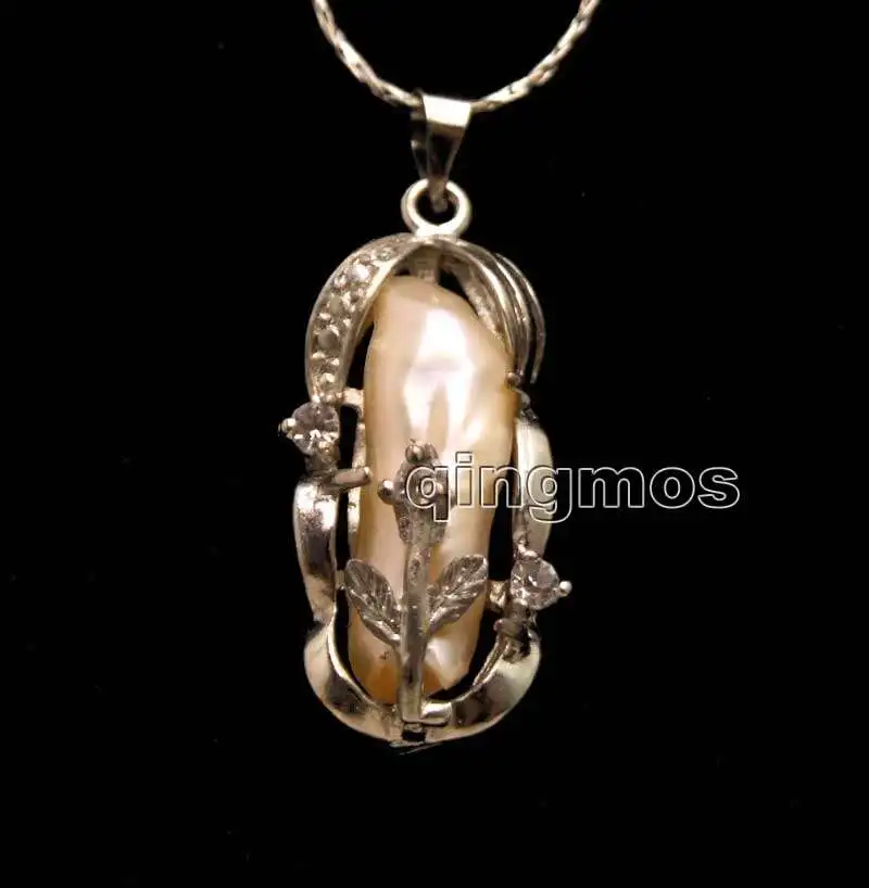 

Big 8*22mm Pink Baroque Natural freshwater pearl & 10*30mm Pendant free 17" Silver plated Chain Necklace-nec6261