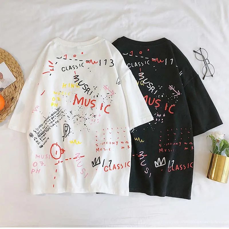 

ulzzang summer women print graffite tshirt femme grunge aesthetic tops plus size two couples gothic streetwear men hip-hop tees