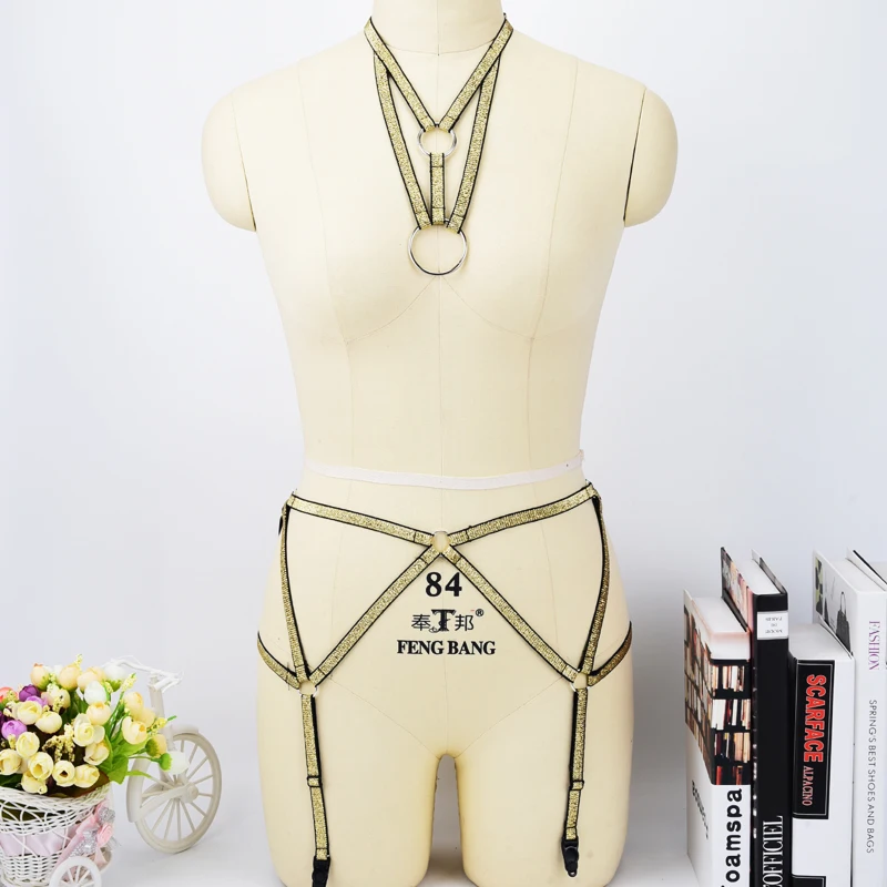 

New Sexy body harness belt fetish wear cage bra fashion gothic gold ring Pole dance harness bra cage lingerie erotic bodysuit