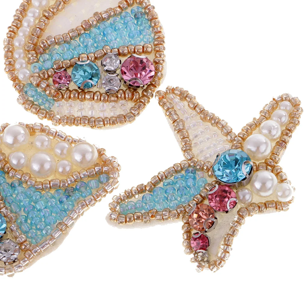3Pcs Sew on Iron on Rhinestone Pearl Patch Beaded Starfish Conch Transfer Badge Applique for Clothes Bag Hat Craft Decor DIY