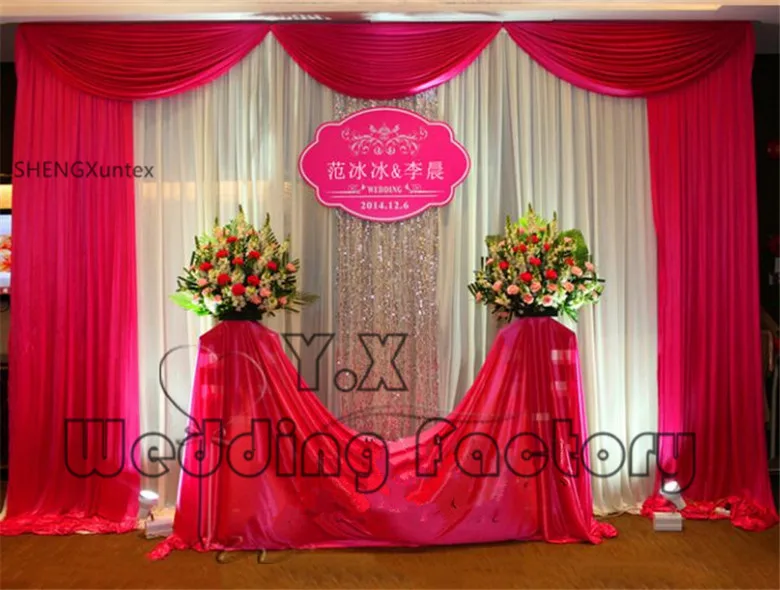 

Factory New Design 10ft*10ft Ice Silk white Wedding Backdrop Curtain With fuchsia Color Swag Drape