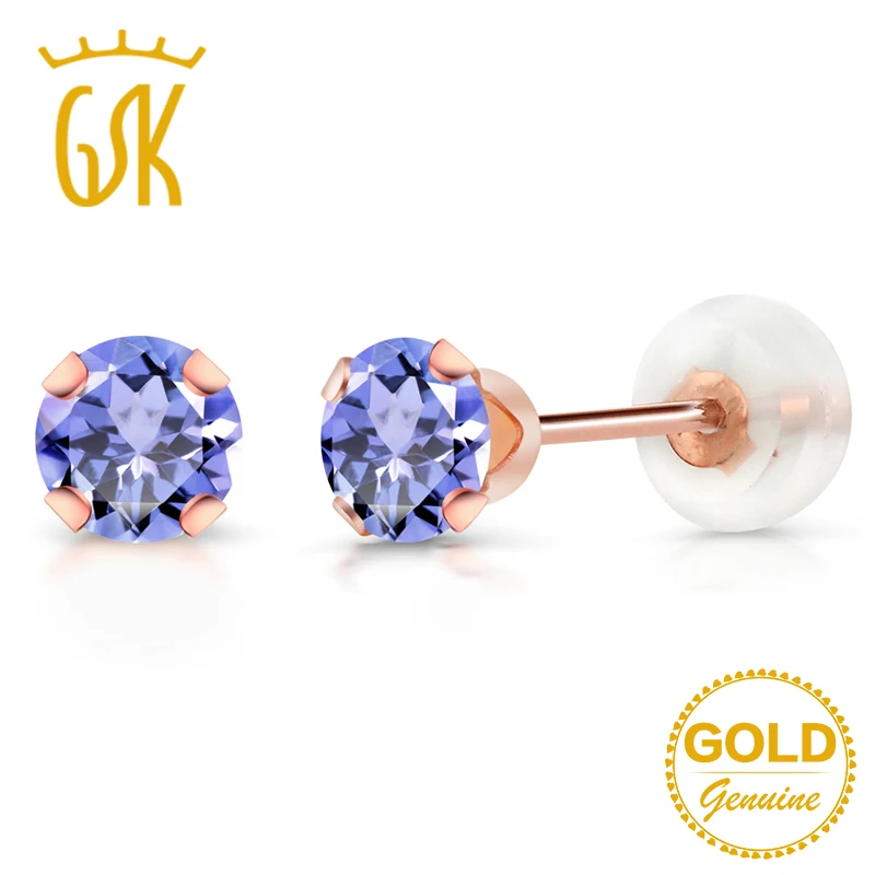 

GemStoneKing 0.60 Ct Round 4mm Natural Blue Tanzanite Gemstone Stud Earrings 10K Rose Gold Fine Jewelry For Women