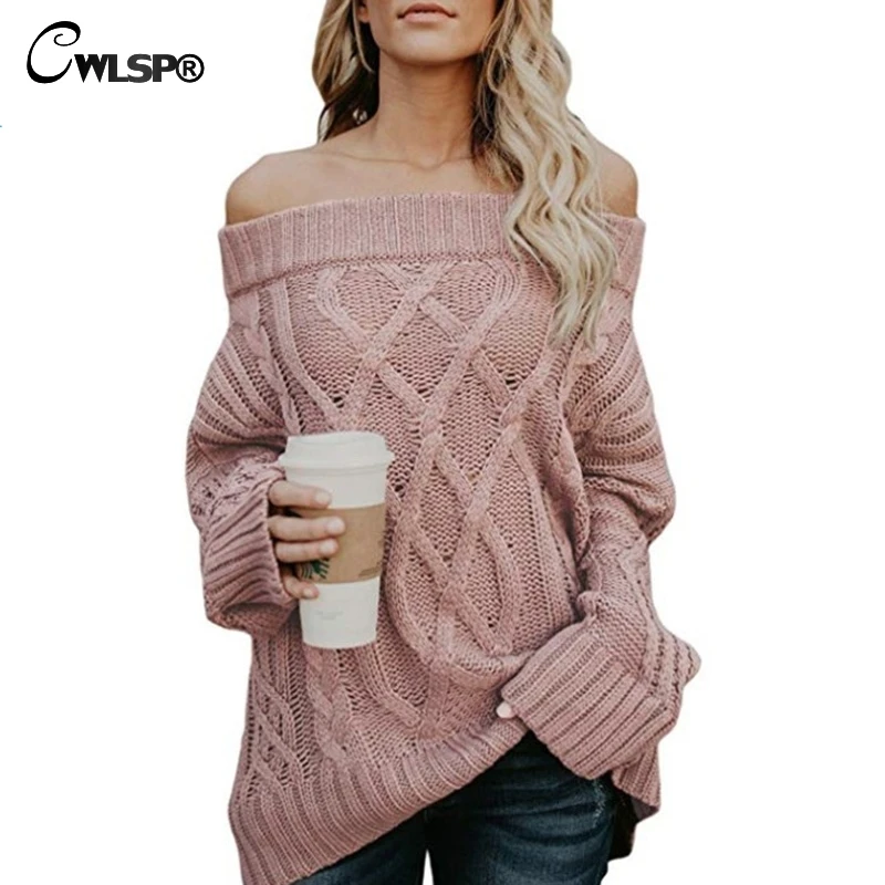 CWLSP 2018 Autumn Slash Neck Sweater For Women Keep Warm Knit Cross Long Pullover 3 Color Coat Pull Femme Loose Cloth QZ3093