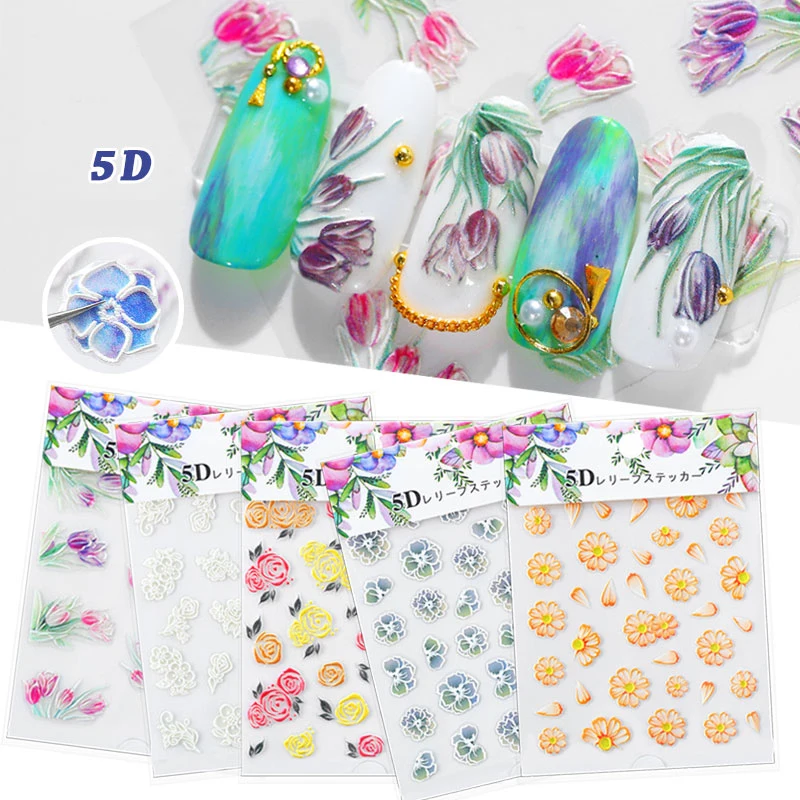 

1 Sheet 5D Nail Stickers Embossed Flowers Mixed Pattern Self-adhesive Transfer Decals Nail Art Decoration