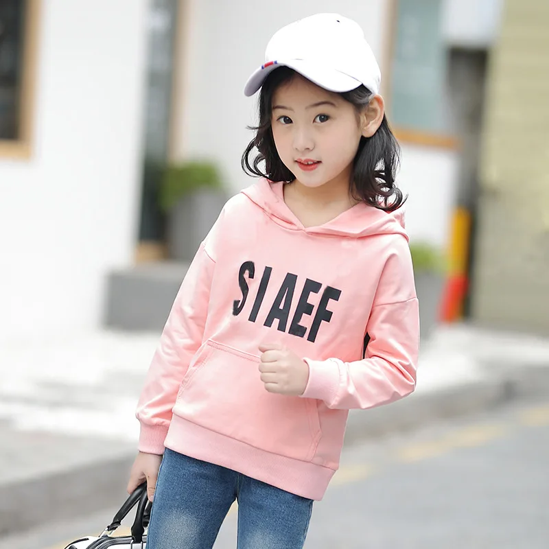 Коллекция года, весенне-Осенняя детская одежда с капюшоном Повседневная корейская детская толстовка для девочек белого цвета с надписью/розовые/зеленые топы, одежда для подростков - Цвет: Розовый