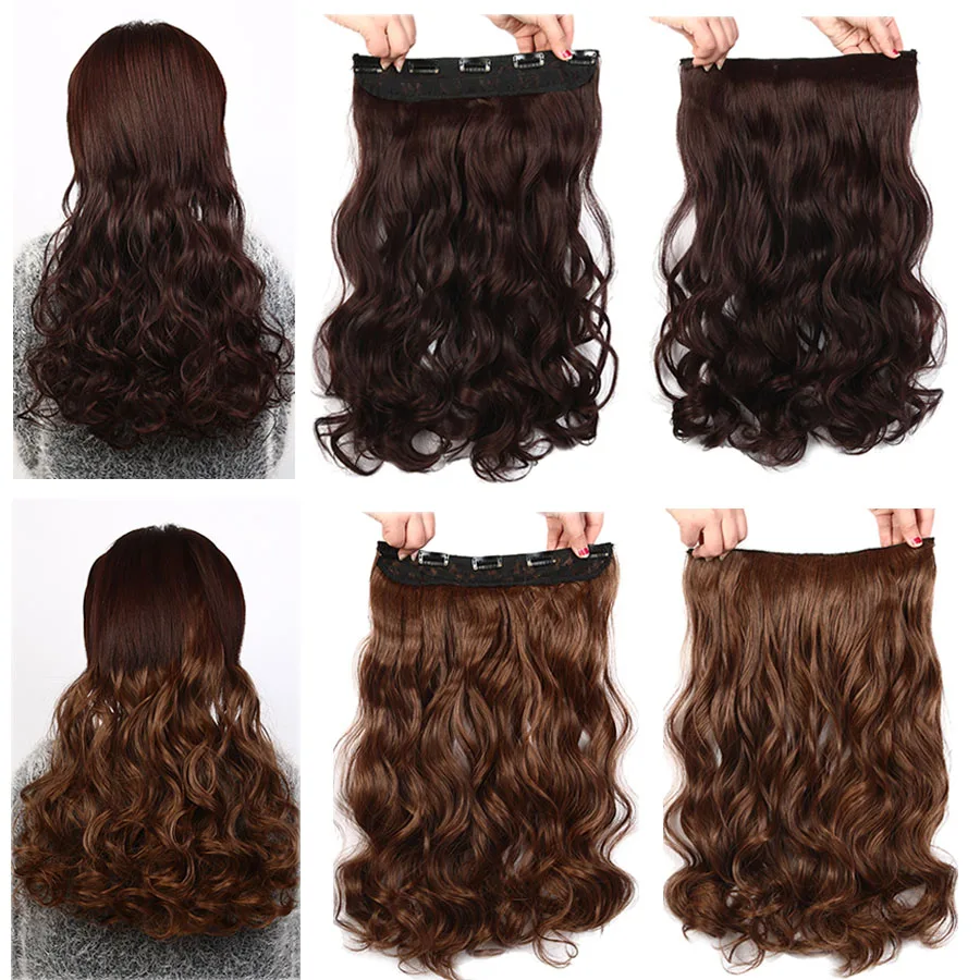 USMEI 5 clips one piece multi color long body wave synthetic clip-in extensions false faux hair extension clip natural