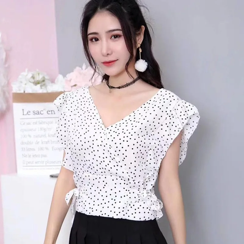 chiffon blouse 2019 Women Short Sleeve Lace Up Blouse Top Dot Print V-Neck Shirts Ruffles Chiffon Blouse black long sleeve top