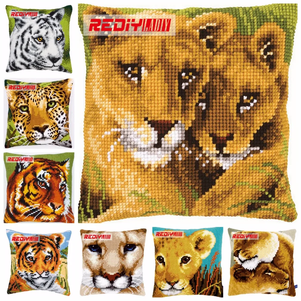 

LADIY Cross Stitch Pillow Cover TIGER LION Cushions for Sofas Decorative Pillow Case DMC Counted Cross-Stitch Kits Cushion Cover