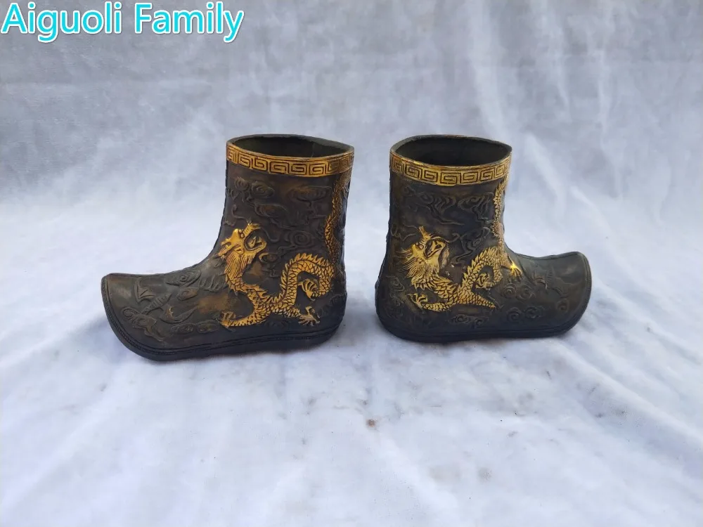 

Home Decoration Craft Antique Sculpture/Art Collection Metal Crafts,1 Pair Chinese Old Bronze Gilt Dragon Shoe Statue