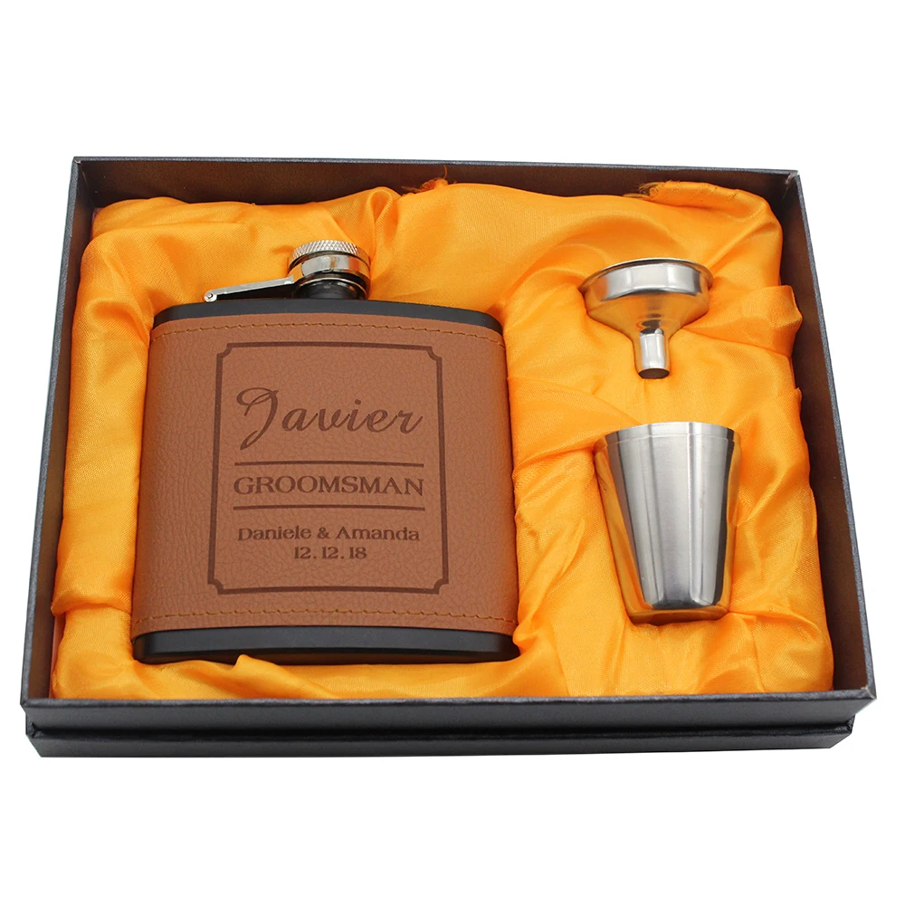 

Personalized Engraved 6oz Black Hip Flask Leather Stainless Steel Best Man Groom Wedding Birthday Engagement Party Gift Favors
