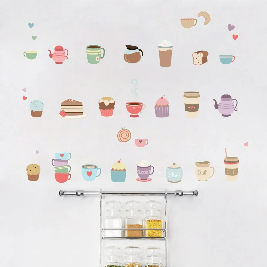 

Colorful Coffee And Tea Wall Stickers Cute Trendy Food & Drink Decals For Dining Kitchen Room Home Decor Modern Vinyl Art Murals
