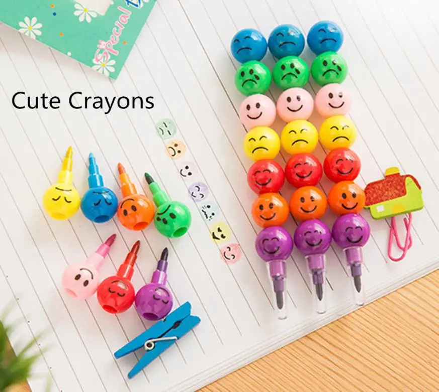 

Cartoon Print Pencils Cute Round 7 Colors Cute Stacker Swap Smile Face Crayons Children Drawing Gift Paint By Number Pens