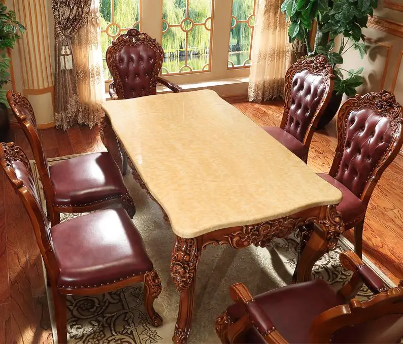 European Rectangle Table/ Luxury Solid Wood Carved Antique Table Set With 6 Chairs
