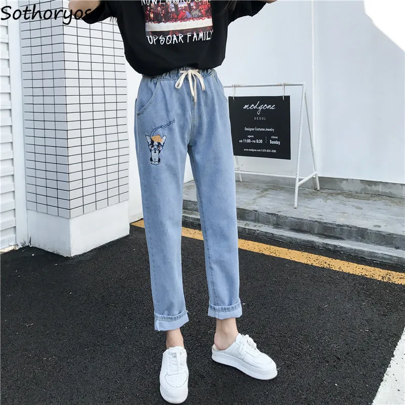 

Jeans Women Elastic High Waist Drawstring Cartoon Cat Printed Womens Harajuku Korean Style Girls Students Streetwear Leisure