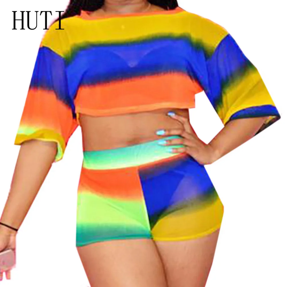 

HUTI Fashion Digital Print Short Sleeve O-neck Top + Shorts Slim Casual Sets Summer Women Leisure Playsuits Combinaison Femme