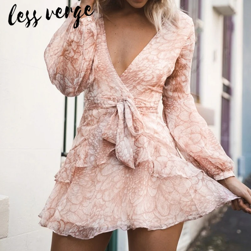 

Lessverge Floral print boho chiffon dress summer Deep v neck long sashes bandage dress beach Ruffles elegant short party dress