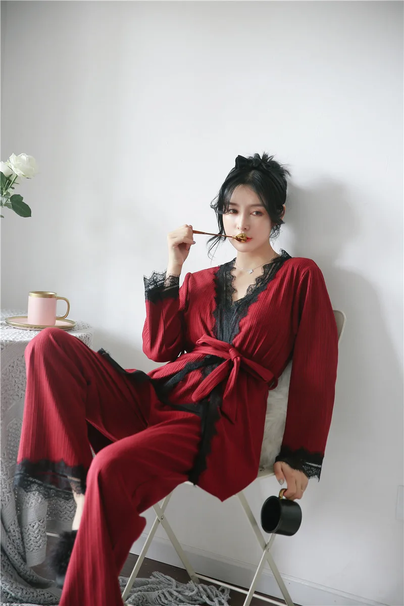 Fdfklak осень 2018 новый комплект из 3 предметов кружева Pijama сексуальные пижамы для женская одежда Пижама роковой Котон Ночной костюм дамы