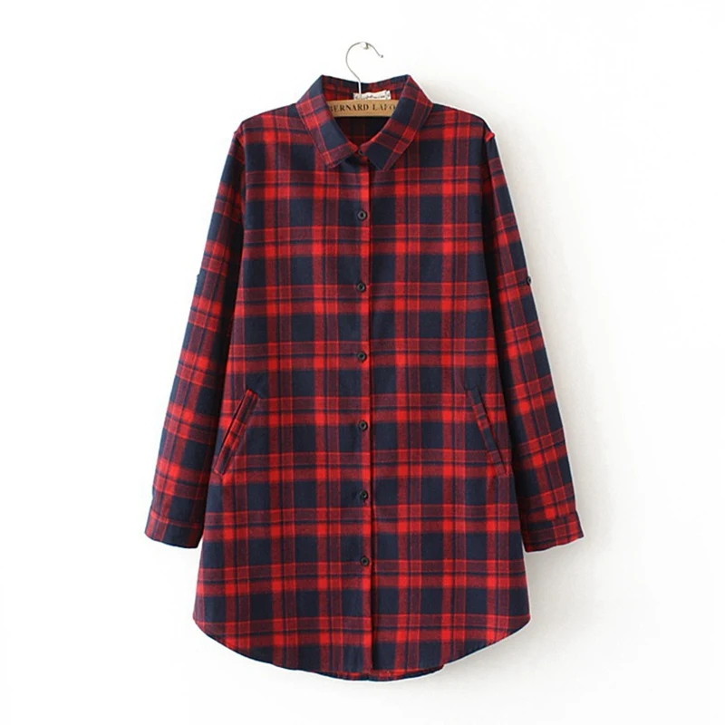  New Autumn Plaid Blouses Long Sleeve Women Casual Turn-down Collar Loose Long Blouse Shirt Plus Siz