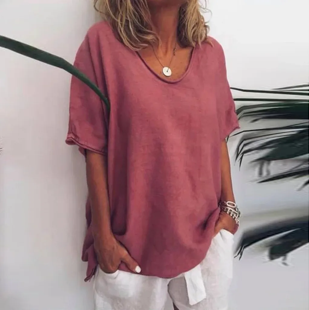 

Plus Size Summer Fashion Solid Cotton Linen Blouse Lady Loose Tee Tops Female Women Short Sleeve Shirt Blusas Femininas Pullover
