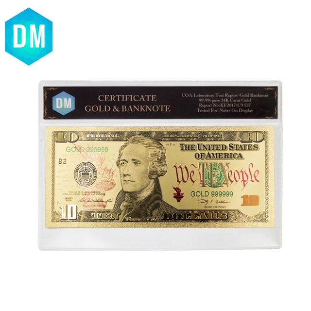 Holiday Gifts 10 Dollar 24k Gold Banknote 999.9 Gold Foil Color