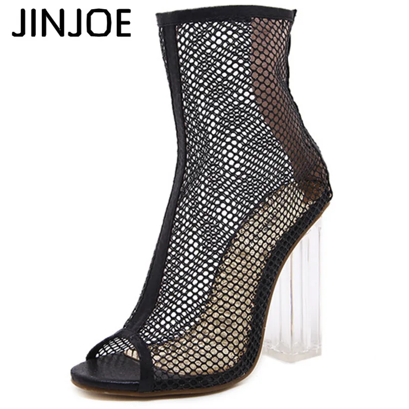 

Peep Toe ankle sandals boots crystal square heels women's Mesh Hollow out high heels shoes woman pumps zipper Hollow ventilation