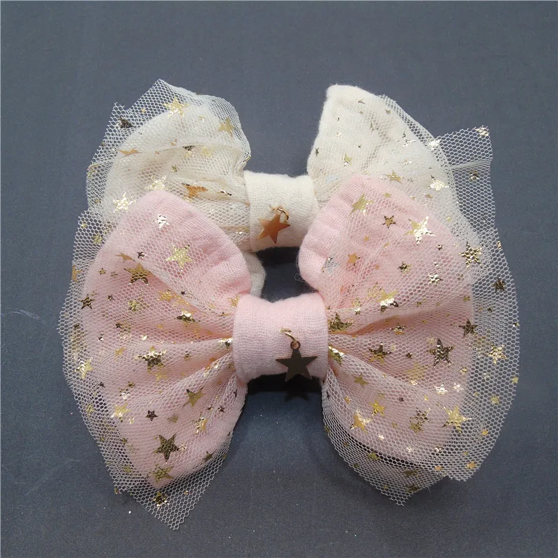 

1pc Cotton Bow Hair Clips with Glitter Gold Star Mesh Pink Cream Hair Bow Barrettes with Copper Star Pendant Kid Fairy Hairpin