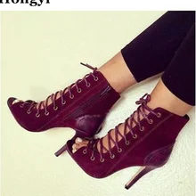 Hongyi весна осень пикантные женские красное вино замша на шнуровке с открытым носком Лоскутная Тонкий Высокий каблук ботильоны модные ботильоны