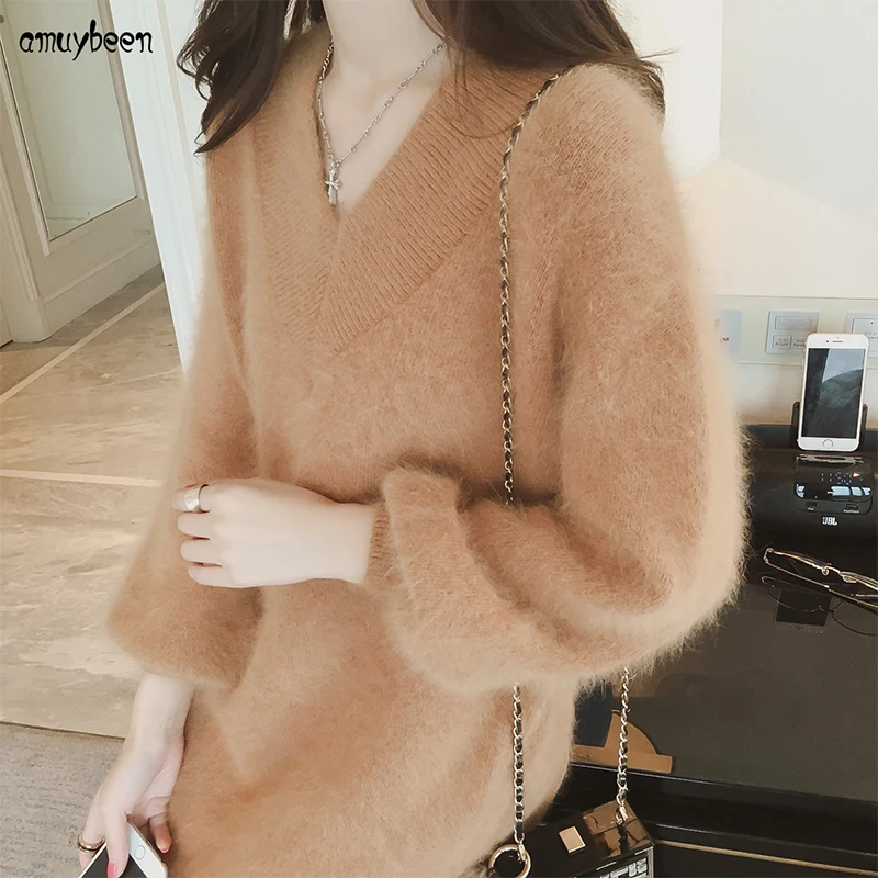 

Sweater Dress Mohair Winter Women Autumn 2018 Pullover Loose Cashmere Lantern Long Sleeve V-neck Korean Knitted Winter Dresses