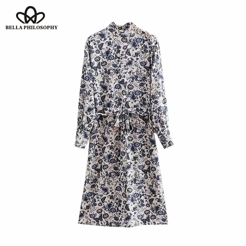 Wonder 2018 new Vintage Floral Print Bow Tie Sashes Midi Dress Stand Collar Buttons Side Vents Dresses Casual Vestidos Mujer