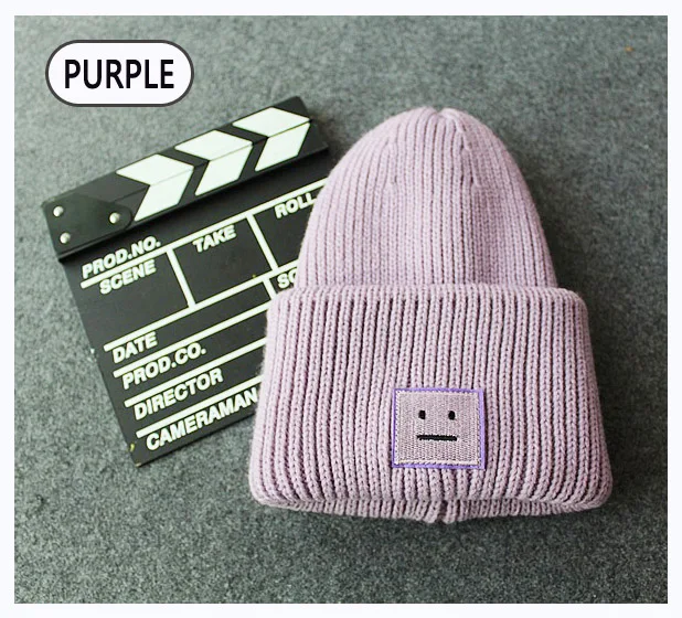 Вышивка квадратное улыбка зимние вязаные шапки для женщин унисекс skulliles шапки-бини для мужчин Мешковатые Gorro; Теплый Сгущает Теплый кепки - Цвет: Purple