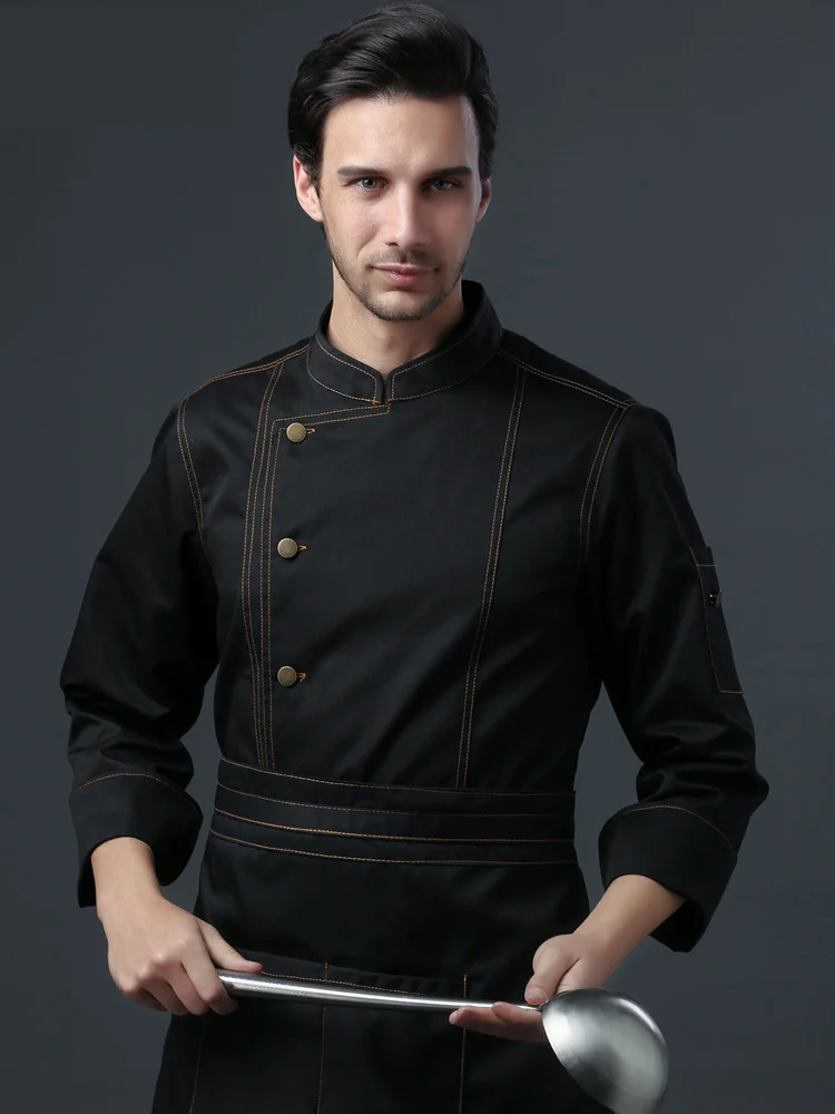 Men Denim Cotton Short&full Sleeve Chef Tops Uniform with Apron Set Oil Proof Food Service Kitchen Restaurant Cook Work Wear