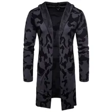 Мужская Новая мода вязаный кардиган камуфляж с капюшоном длинный рукав трикотажное пальто мужской зимний теплый длинный кардиган