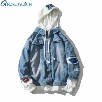 

Grandwish Oversize Denim Jeans Jacket Men Spring Mens Hooded Jackets Jeans Plus Size 3XL Hip Pop Jeans Jacket Male ,DA572
