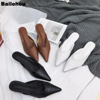 

Women Low Heel Slippers Fashion Brand Mule Shoes Pointed Toe Kitten Heel Slides Patchwork Sandal Ladies PU Leather Zapatos Mujer