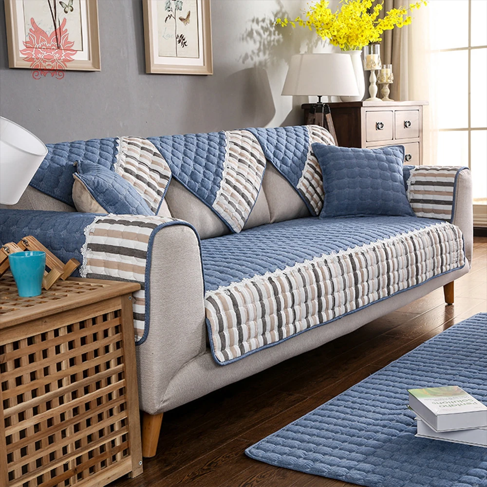 Lace stripe style blue beige grey cotton quilted sofa cover slipcovers