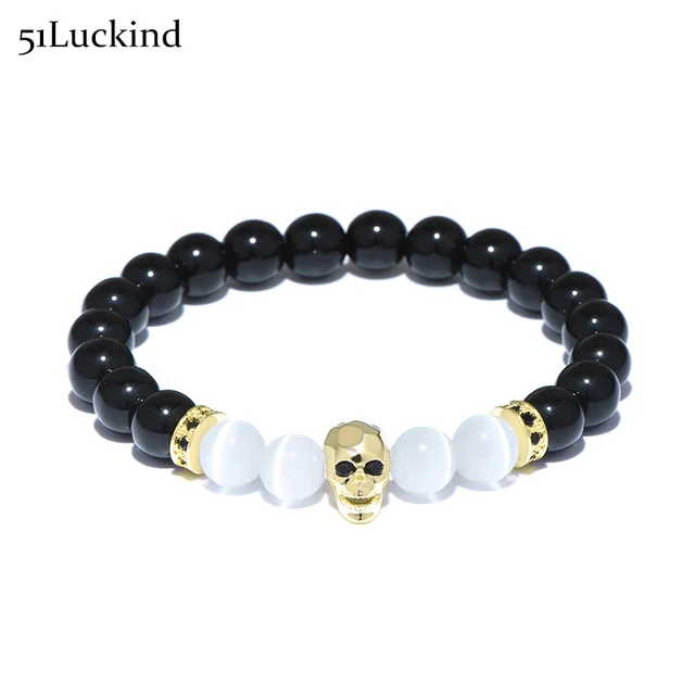 Gothic Punk Skull Head Design Mens Beaded Bracelet Luxury White Gothic Punk Skull Head Design Mens Beaded Bracelet Luxury White Moonstone Skeleton Stand Braslet For Male