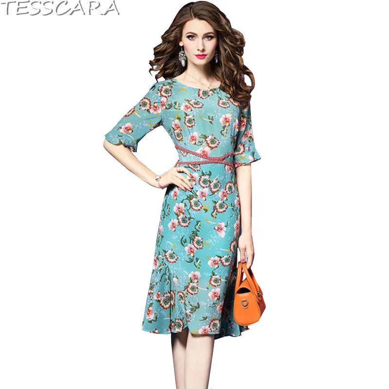 

TESSCARA Women Summer Elegant Print Chiffon Dress Female Cocktail Vestidos Retro Robe Femme A-Line Party Sundress Plus Size
