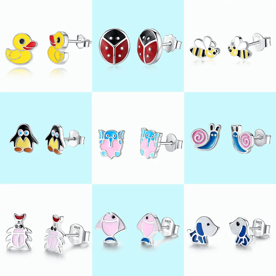 

BEILAWANG 100% 925 Sterling Silver Stud Earrings for Children Girl Honey Bee Duck Enamel Kids Earrings Fashion Jewelry