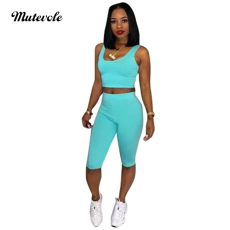 Mutevole Solid Two Piece Tracksuit Set Women Sleeveless Crop Top and Shorts 2 Piece Outfits Set Summer Sexy Sporting Pants Set