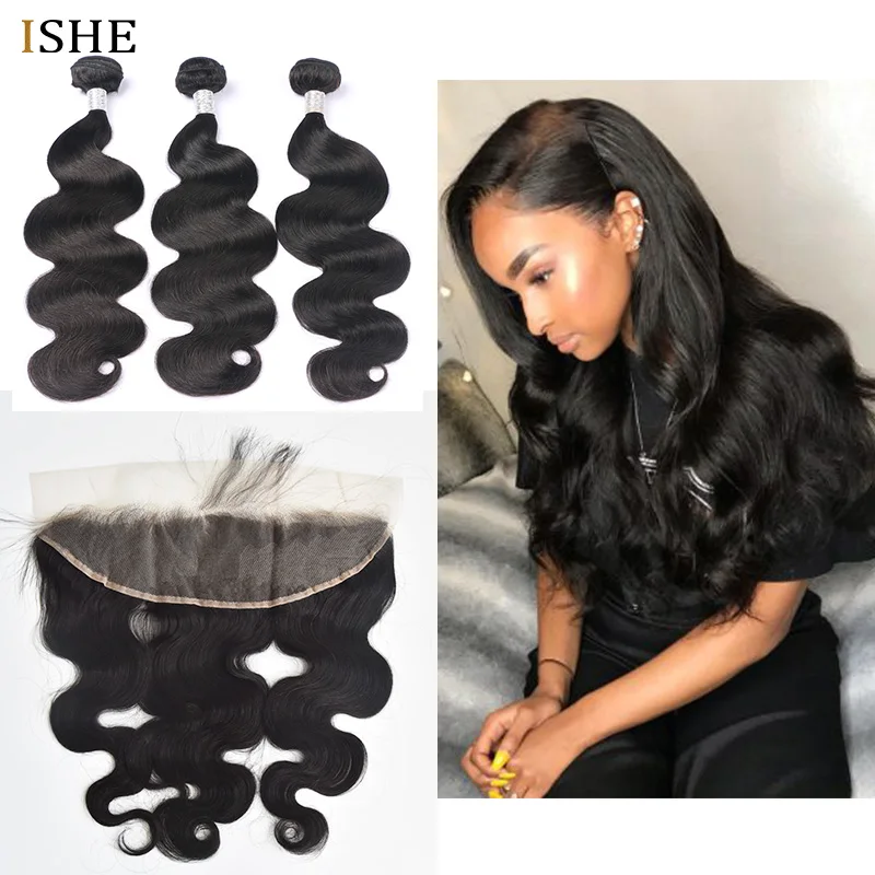 Ishe Hair Brazilian Body Wave 3 Bundles With Transparent Frontal