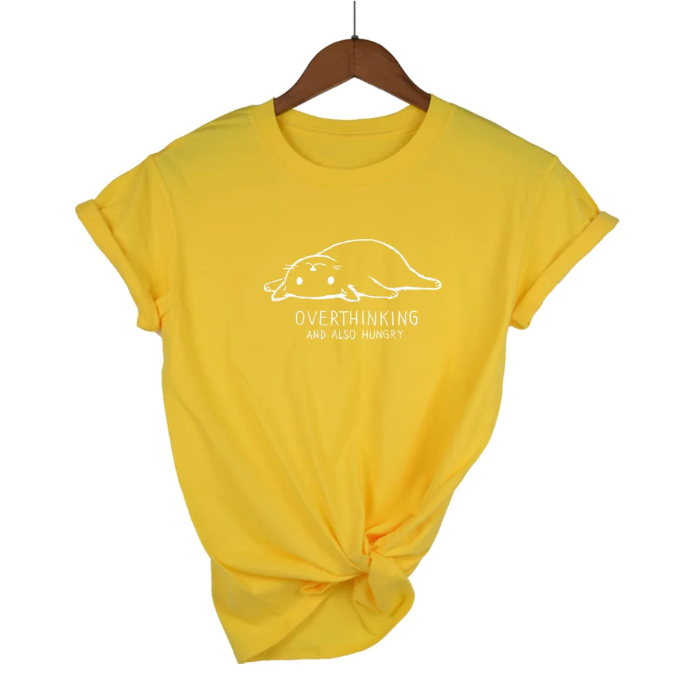 Overthinking, а также Lovely Cat, футболка с буквенным принтом для женщин, хлопок, круглый вырез, короткий рукав, летняя повседневная футболка, топ - Цвет: Yellow-W