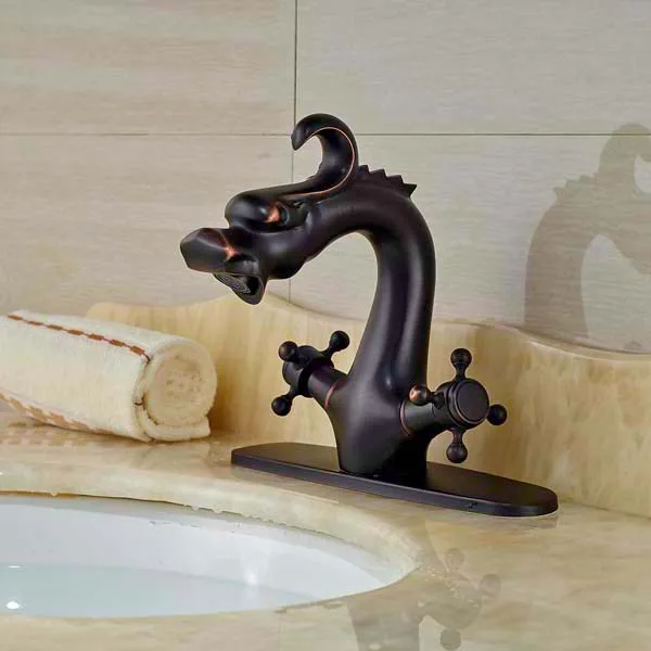 

Oil Rubbed Bronze Dragon Bathroom Basin Faucet Single Hole Dual Handles Vanity Sink  Mixer Tap with Hole Cover Plate
