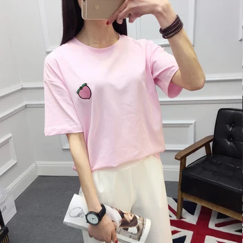 

2020 Preppy Style Kawaii Fruit Embroidery Loose Casual 100% Cotton Punk T-Shirt Female Harajuku Cute Tees And Tops For Women
