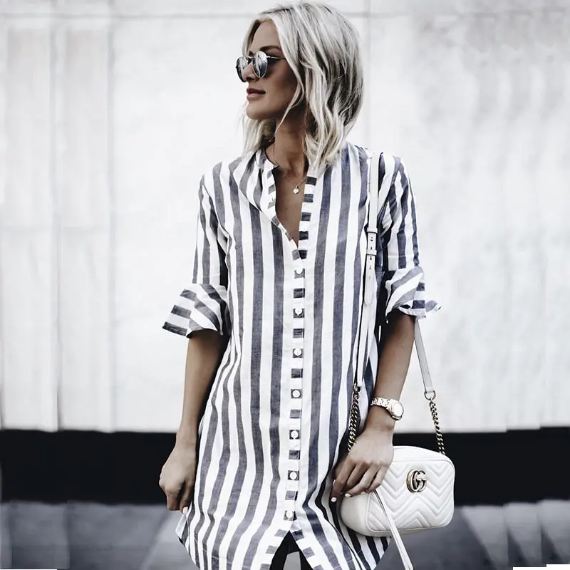 

2019 New Fashion Women Summer Vintage Stripped Mini Shirt Dress Lady Long Sleeve O-neck Print Dresses Sundress