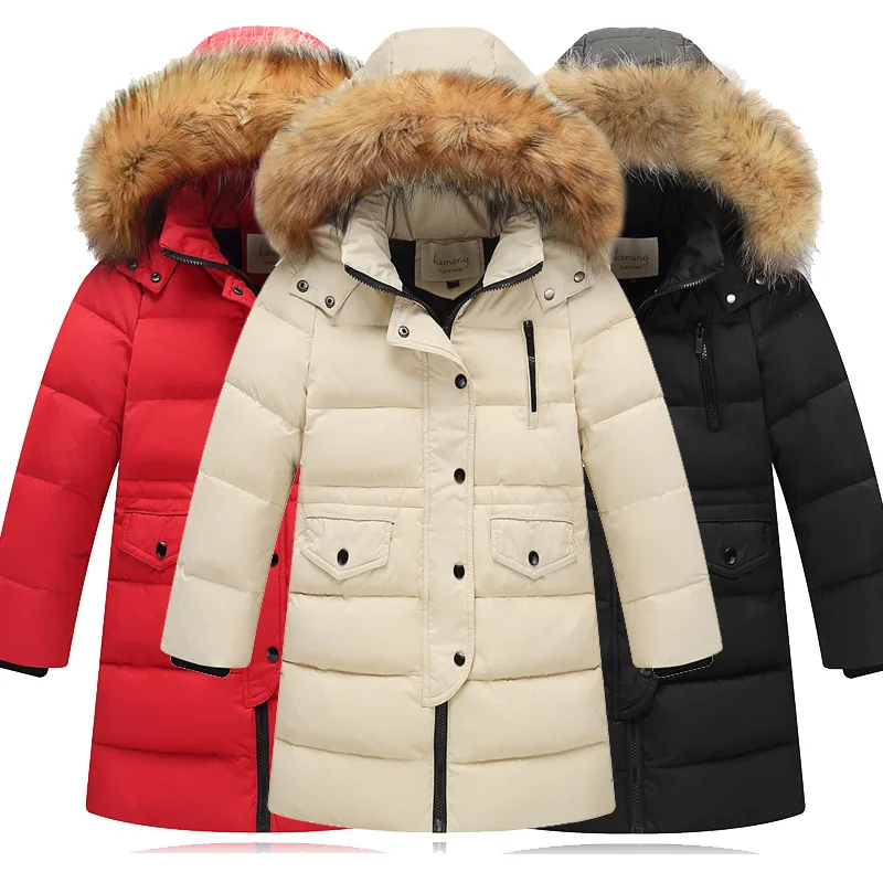 

FTLZZ Winter Boys Girls Down Long Jacket 2018 Children Button Hooded Thickening Warm Coats Boys Big Fur Collar Outerwear
