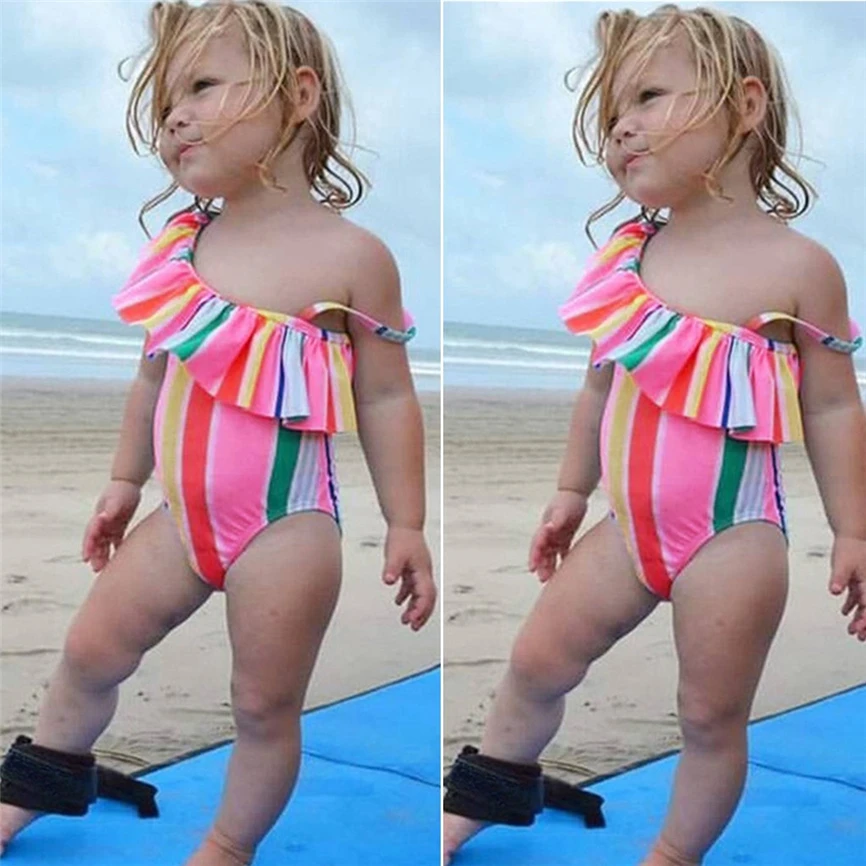 

2019 One Piece Swimsuit Beachwear Suit for Girls Children Kids Girls Rainbow Stripe Straps Beachwear #30**