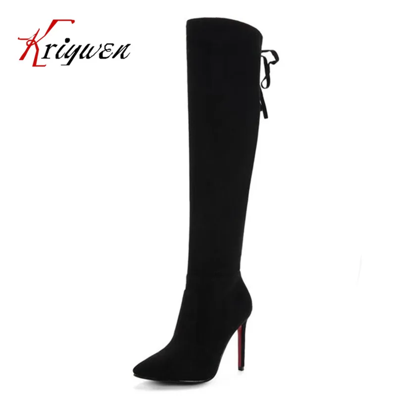 

2017 New arrive Women Sexy Knee high Boots Winter Ladies thin high heels shoes Knee Boots flock Long Thigh High Boots size 33-43