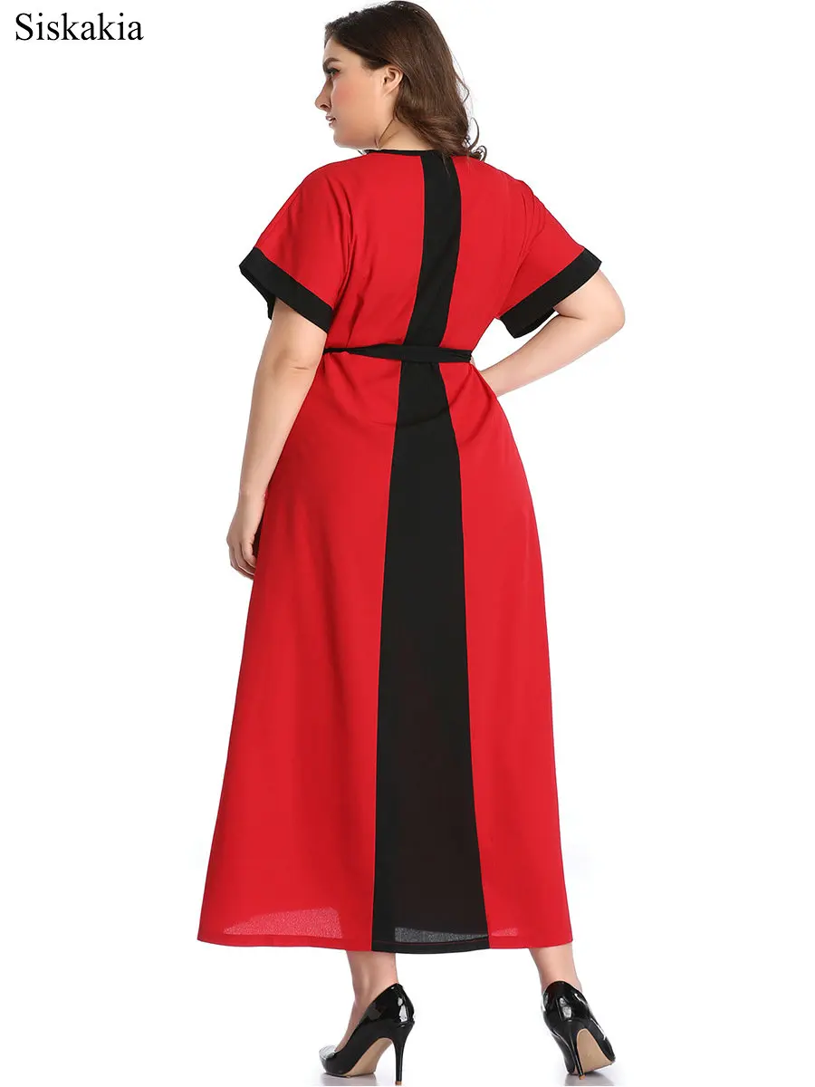 Siskakia Summer Maxi Dress For Women Stripe Color Block Patchwork Front Split Plus Size Female Party Dresses With Belt 2019 New  (4)