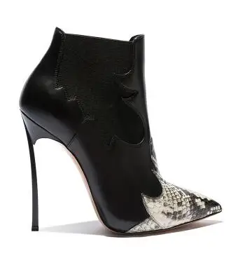 

2018 Spring Autumn New Black pointed toe thin high heel sexy snake stitching booties plus velvet nightclub ankle boots